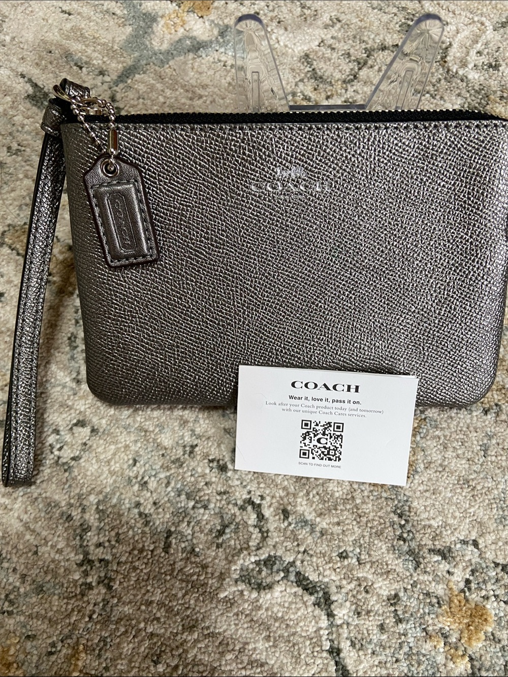 Coach 2017 Metallic Pewter Pebbled Leather Wristlet (F21070)